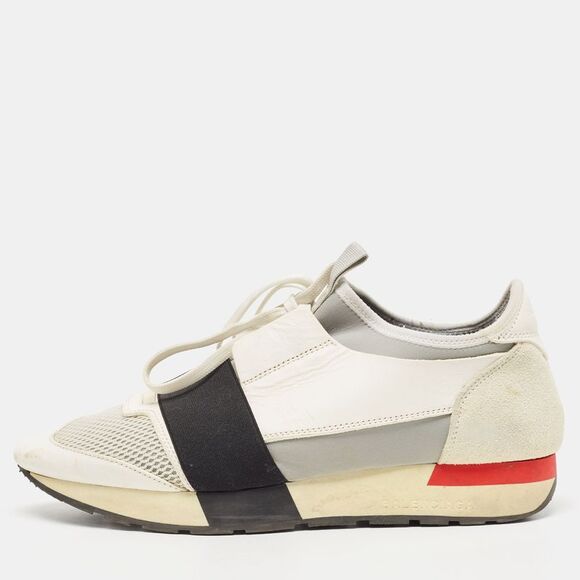 Balenciaga White/Grey Leather and Mesh Race Runner Sneakers Size 39 - Picture 1 of 4